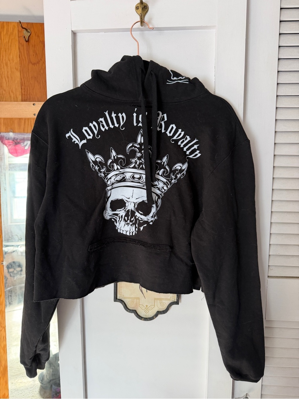 The Drive Clothing Black Cropped Hoodie Loyalty is Royalty Crown Skull Graphic